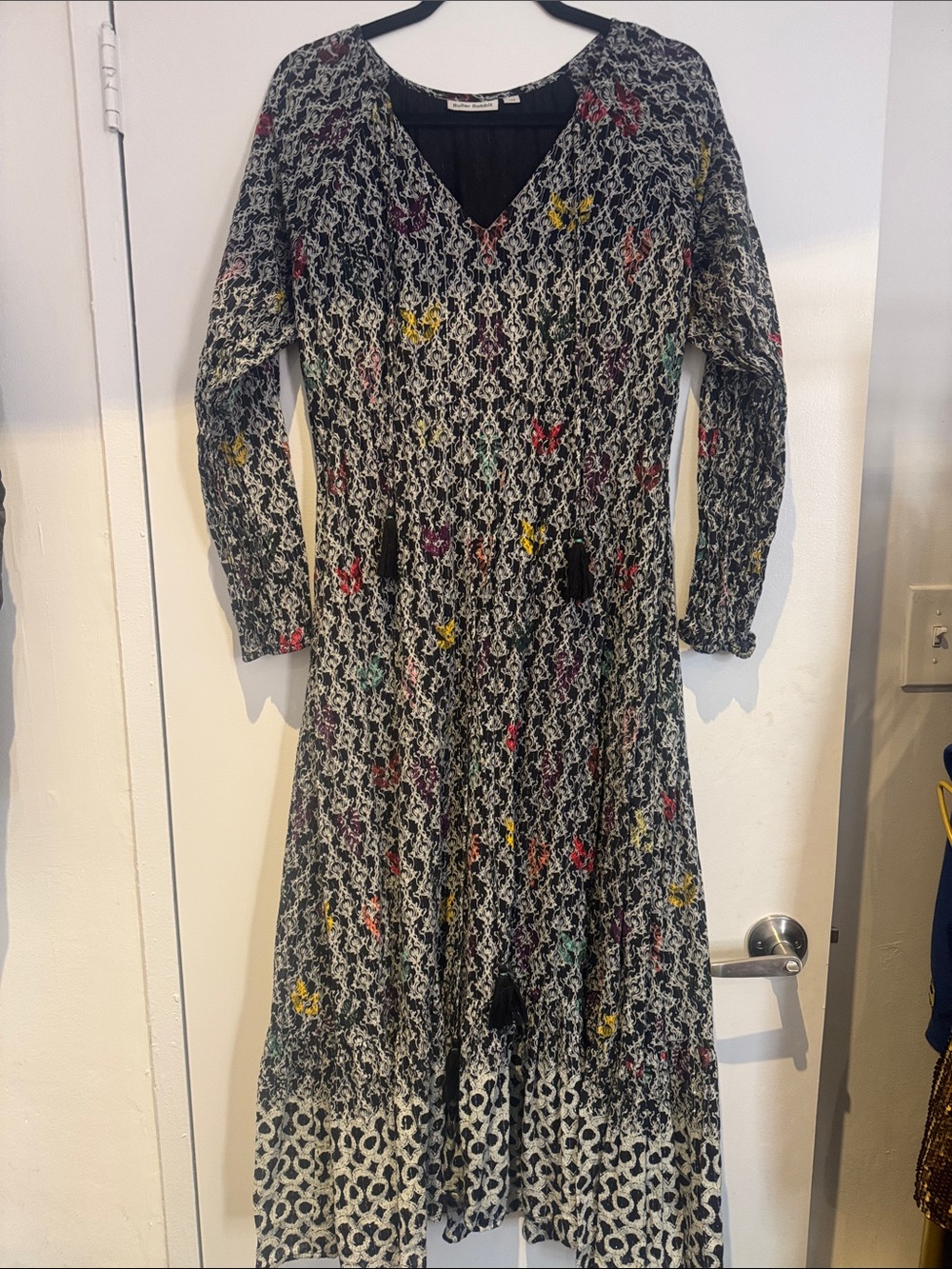 Black Floral Lace-Pattern V-Neck Midi Dress